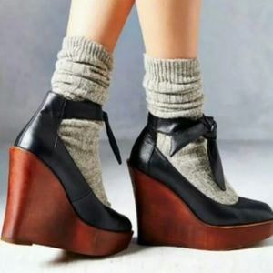 Kimchi Blue Black Leather Wood Wedges